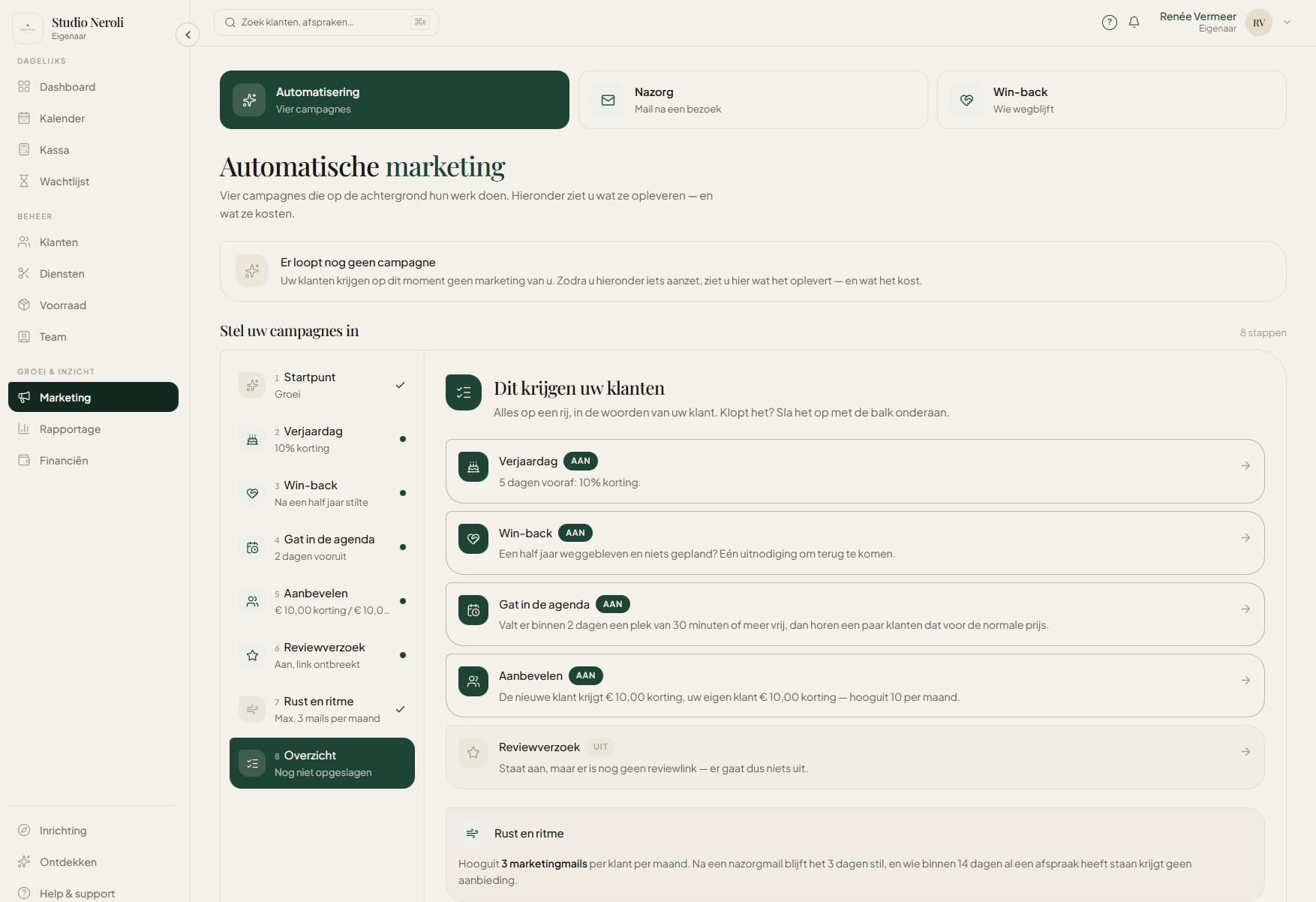 Het overzicht van automatische marketing in Boekly: vier campagnes, met hoogstens drie mails per klant per maand