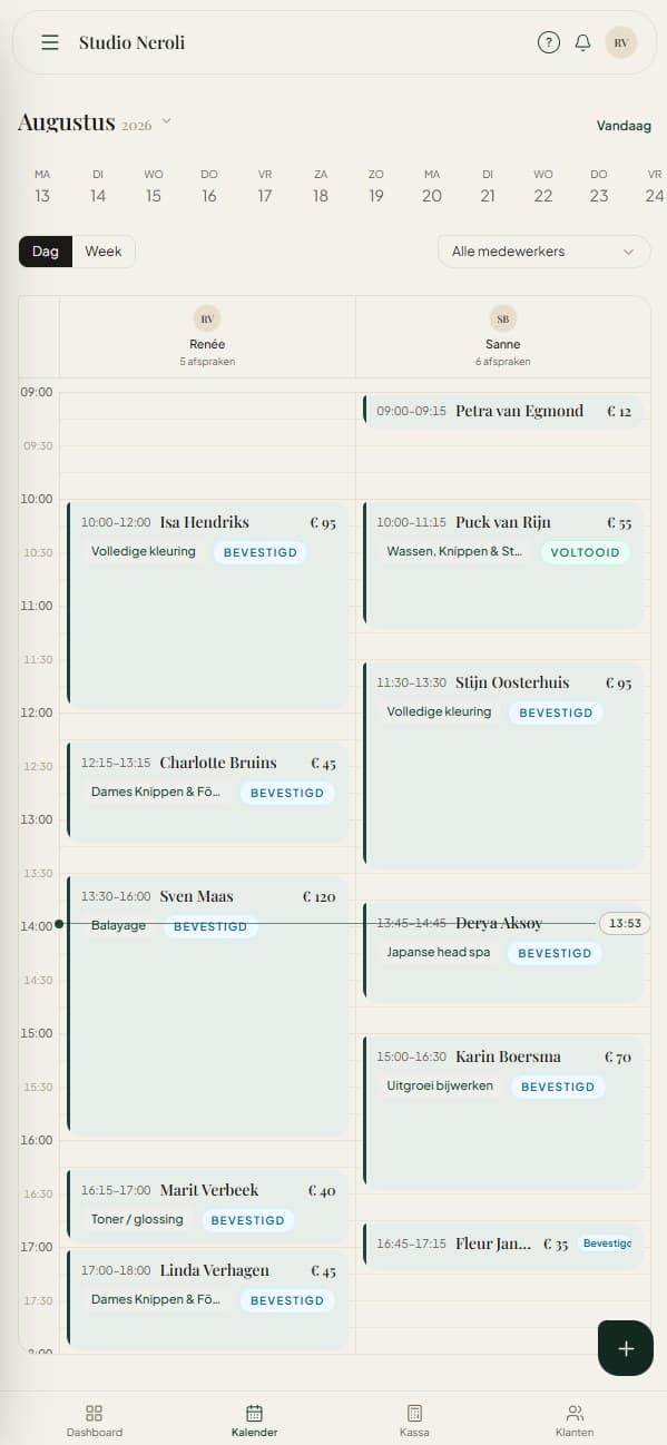 De Boekly-agenda van Studio Neroli op een telefoon, met de afspraken van de dag onder elkaar